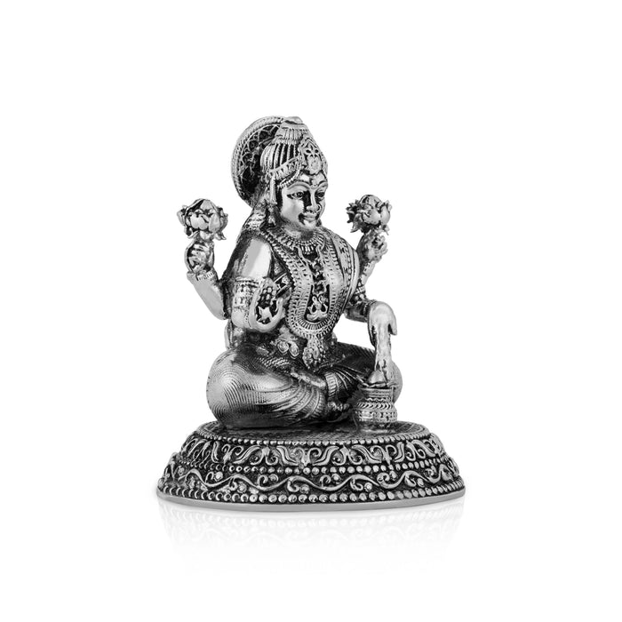 Lakshmi Idol Sitting On Base - 3 x 2.5 Inches | German Silver Laxmi Idol/ Antique Polish Lakshmi Murti for Worship - German Silver Murties