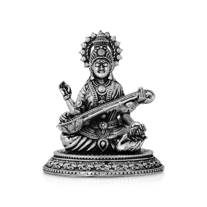 Saraswati Murti Sitting On Base - 3.5 x 3 Inches | German Silver/ Antique Polish Saraswati Moorti for Worship - German Silver Murties