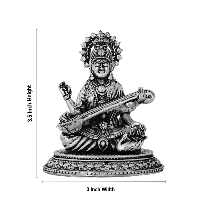 Saraswati Murti Sitting On Base - 3.5 x 3 Inches | German Silver/ Antique Polish Saraswati Moorti for Worship - German Silver Murties