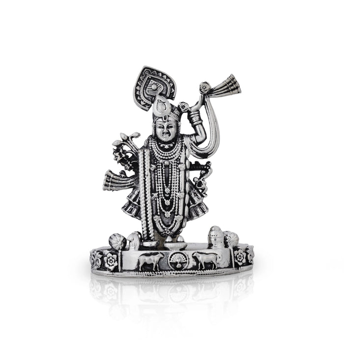 Shrinathji Murti Standing On Base - 4 x 3 Inches | German Silver & Antique Polish Shreenathji Murti for Pooja - Aluminium Murties