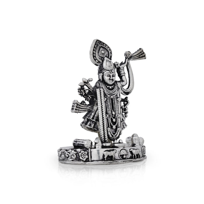 Shrinathji Murti Standing On Base - 4 x 3 Inches | German Silver & Antique Polish Shreenathji Murti for Pooja - Aluminium Murties