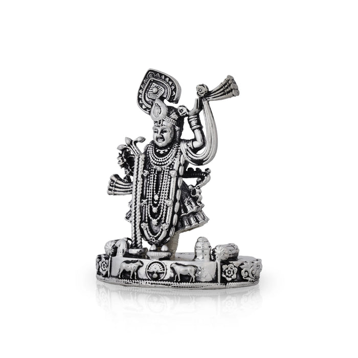 Shrinathji Murti Standing On Base - 4 x 3 Inches | German Silver & Antique Polish Shreenathji Murti for Pooja - Aluminium Murties