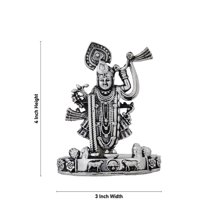 Shrinathji Murti Standing On Base - 4 x 3 Inches | German Silver & Antique Polish Shreenathji Murti for Pooja - Aluminium Murties
