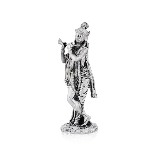 Flute Krishna Murti Standing On Base - 5.75 x 1.5 Inches | German Silver&Antique Polish Krishna Idol for Worship - German Silver Murties