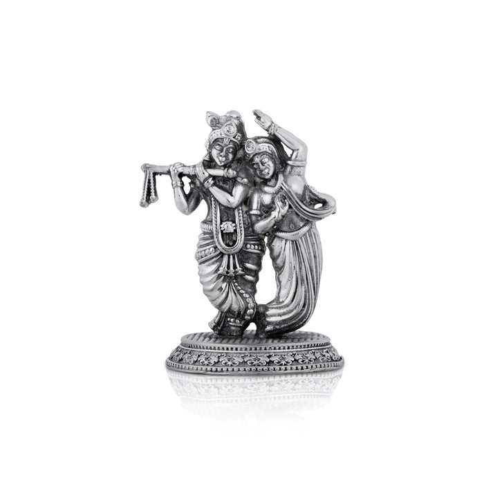 Radha Krishna Murti With Base - 3.5 x 2.25 Inches | German Silver & Antique Polish Radha Krishna Idol for Pooja - German Silver Murties
