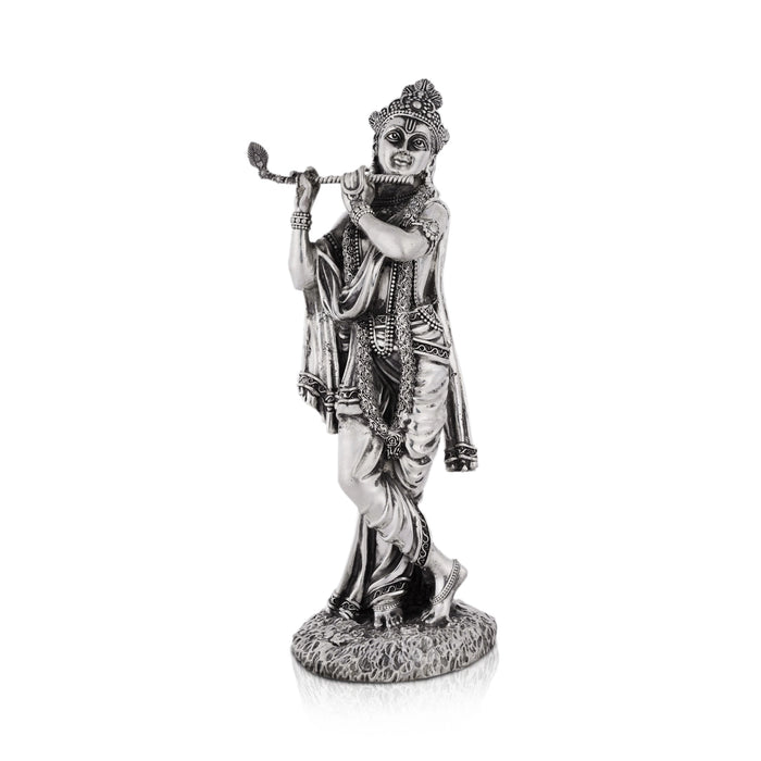 Flute Krishna Murti Standing On Base - 9.75 x 3.5 Inches | German Silver&Antique Polish Krishna Idol for Worship - German Silver Murties