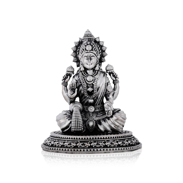 Lakshmi Idol Sitting On Lotus Base - 4 x 3.5 Inches | German Silver & Antique Polish Laxmi Idol for Worship - German Silver Murties