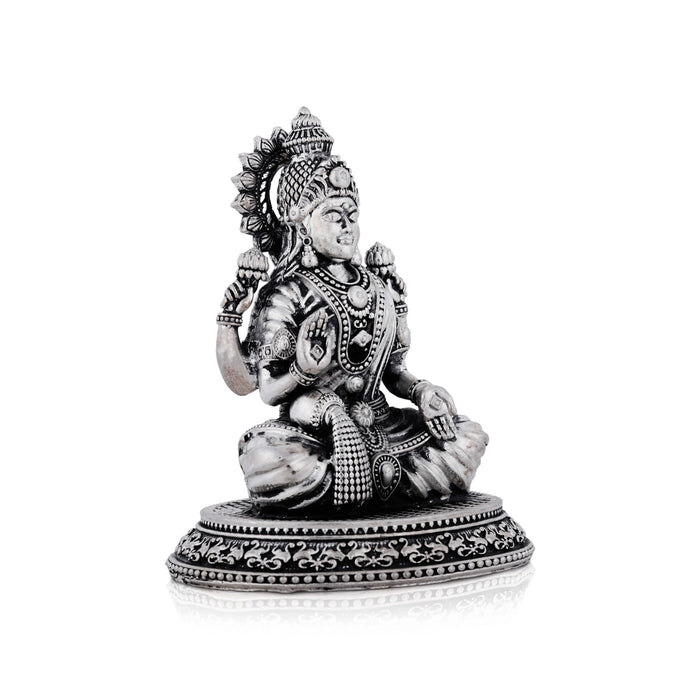 Lakshmi Idol Sitting On Lotus Base - 4 x 3.5 Inches | German Silver & Antique Polish Laxmi Idol for Worship - German Silver Murties