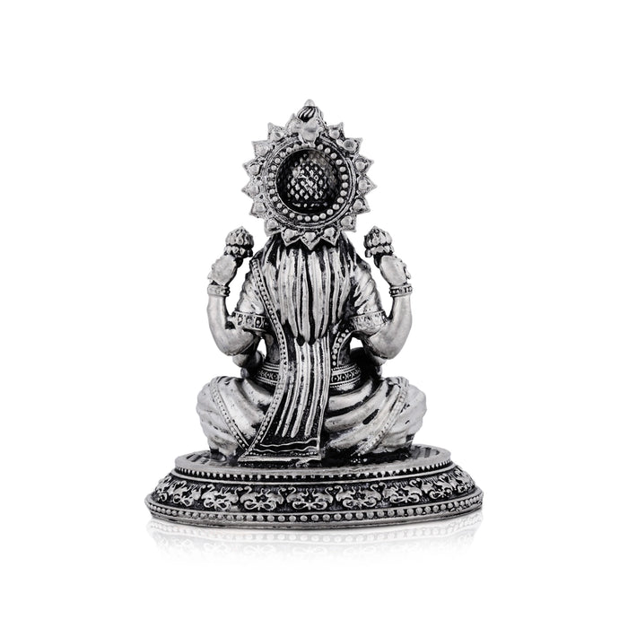 Lakshmi Idol Sitting On Lotus Base - 4 x 3.5 Inches | German Silver & Antique Polish Laxmi Idol for Worship - German Silver Murties