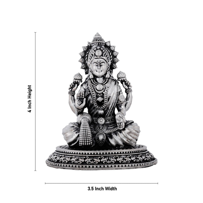 Lakshmi Idol Sitting On Lotus Base - 4 x 3.5 Inches | German Silver & Antique Polish Laxmi Idol for Worship - German Silver Murties