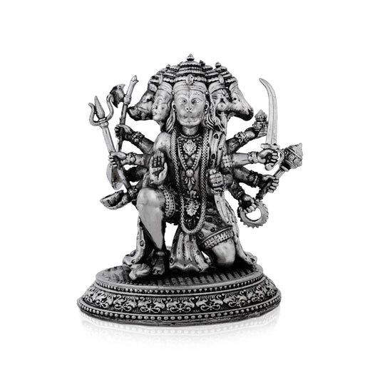 Panchmukhi Hanuman Murti Mandir With Base - 4 x 3.25 Inches | Antique German Silver Anjaneya Statue for Pooja - German Silver Murties