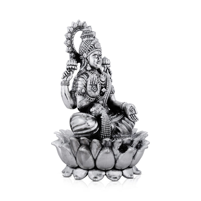 Lakshmi Idol Sitting On Lotus Base - 4.5 x 2.75 Inches | Antique Polish/ German Silver Laxmi Idol for Worship - German Silver Murties