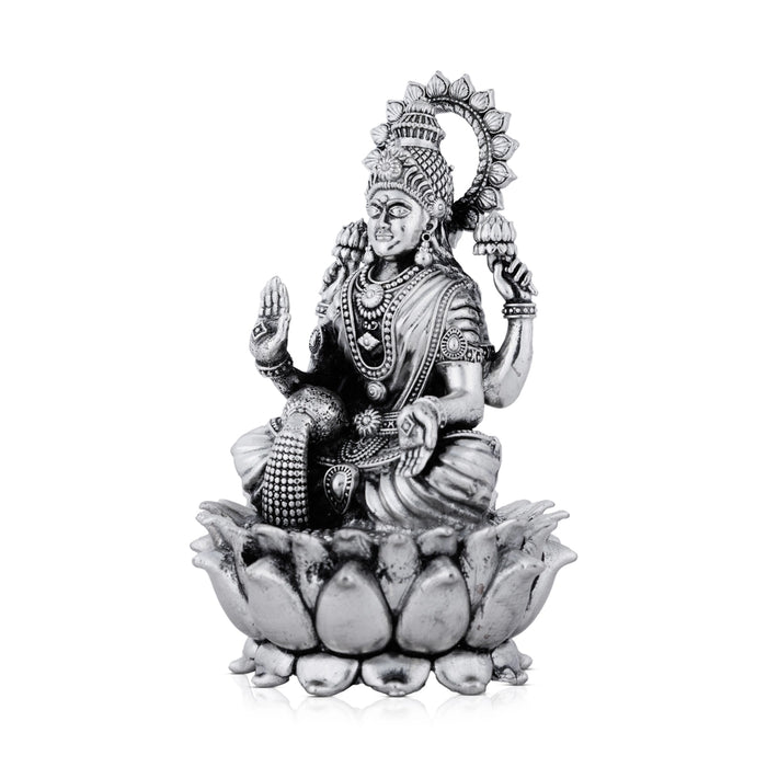 Lakshmi Idol Sitting On Lotus Base - 4.5 x 2.75 Inches | Antique Polish/ German Silver Laxmi Idol for Worship - German Silver Murties