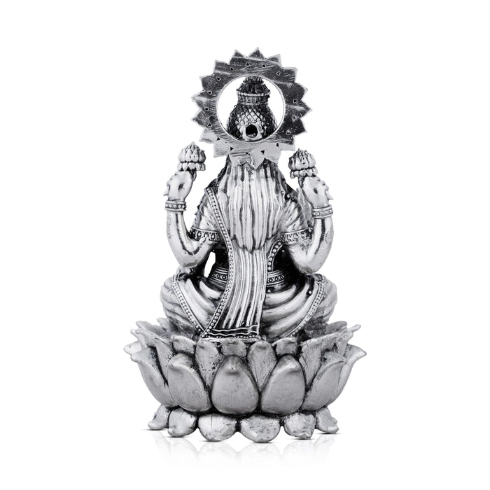 Lakshmi Idol Sitting On Lotus Base - 4.5 x 2.75 Inches | Antique Polish/ German Silver Laxmi Idol for Worship - German Silver Murties