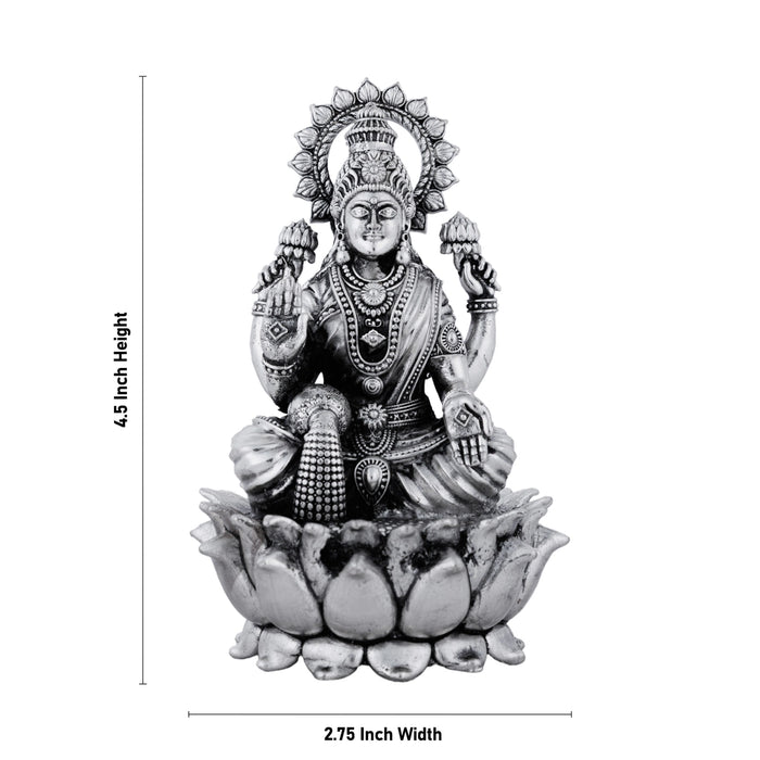 Lakshmi Idol Sitting On Lotus Base - 4.5 x 2.75 Inches | Antique Polish/ German Silver Laxmi Idol for Worship - German Silver Murties