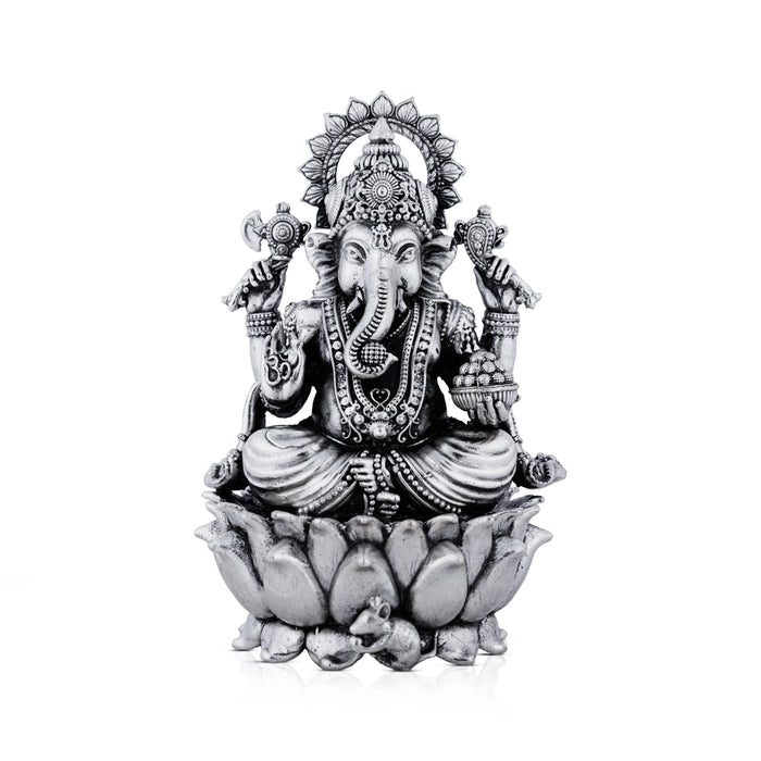 Ganesh Murti Sitting On Lotus Base - 4.5 x 2.75 Inches | German Silver/Antique Polish Ganpati Murti for Worship - German Silver Murties