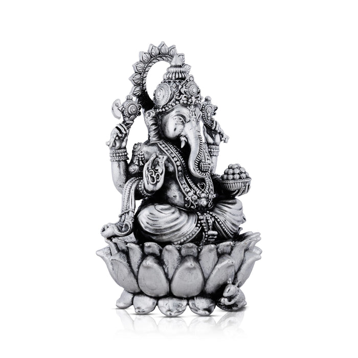 Ganesh Murti Sitting On Lotus Base - 4.5 x 2.75 Inches | German Silver/Antique Polish Ganpati Murti for Worship - German Silver Murties