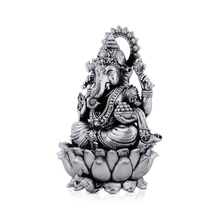 Ganesh Murti Sitting On Lotus Base - 4.5 x 2.75 Inches | German Silver/Antique Polish Ganpati Murti for Worship - German Silver Murties