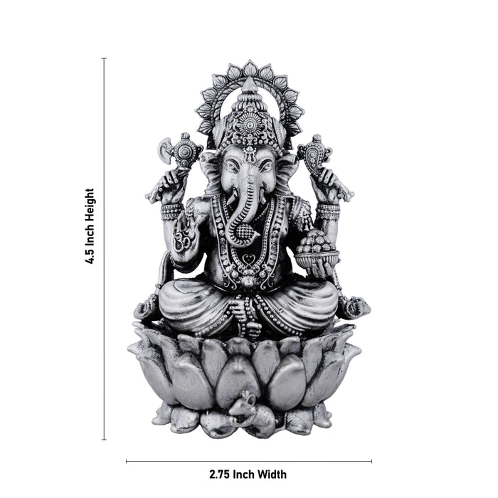 Ganesh Murti Sitting On Lotus Base - 4.5 x 2.75 Inches | German Silver/Antique Polish Ganpati Murti for Worship - German Silver Murties