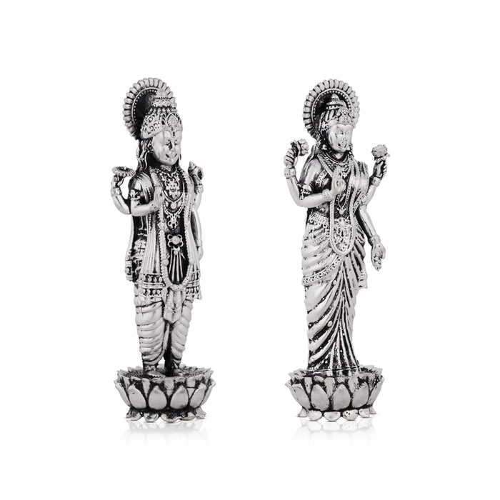 Vishnu Lakshmi Idol Standing On Flower Base Pair - 4 x 1.25 Inches | German Silver/Antique Polish Laxmi Vishnu for Pooja - German Silver Murties