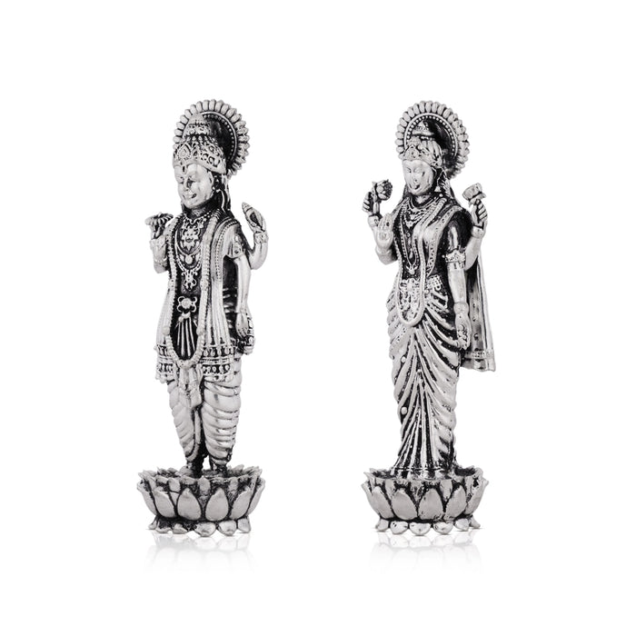 Vishnu Lakshmi Idol Standing On Flower Base Pair - 4 x 1.25 Inches | German Silver/Antique Polish Laxmi Vishnu for Pooja - German Silver Murties