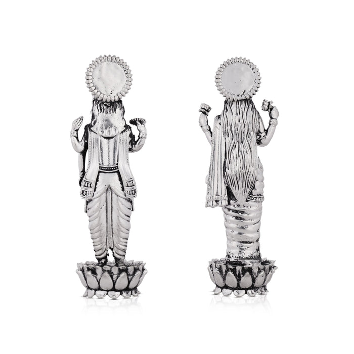 Vishnu Lakshmi Idol Standing On Flower Base Pair - 4 x 1.25 Inches | German Silver/Antique Polish Laxmi Vishnu for Pooja - German Silver Murties