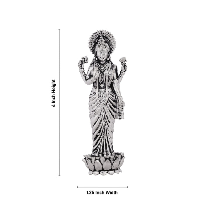 Vishnu Lakshmi Idol Standing On Flower Base Pair - 4 x 1.25 Inches | German Silver/Antique Polish Laxmi Vishnu for Pooja - German Silver Murties