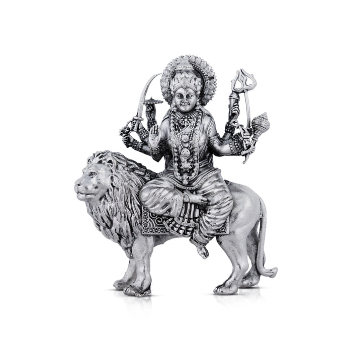 Durga Murti Sitting On Lion - 4 x 3 Inches | Antique German Silver Durga Idol With 8 Hands/Durga Statue for Pooja - German Silver Murties