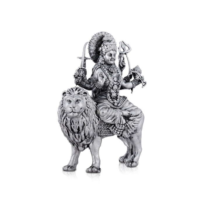 Durga Murti Sitting On Lion - 4 x 3 Inches | Antique German Silver Durga Idol With 8 Hands/Durga Statue for Pooja - German Silver Murties