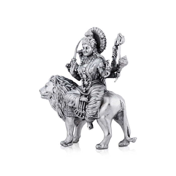 Durga Murti Sitting On Lion - 4 x 3 Inches | Antique German Silver Durga Idol With 8 Hands/Durga Statue for Pooja - German Silver Murties