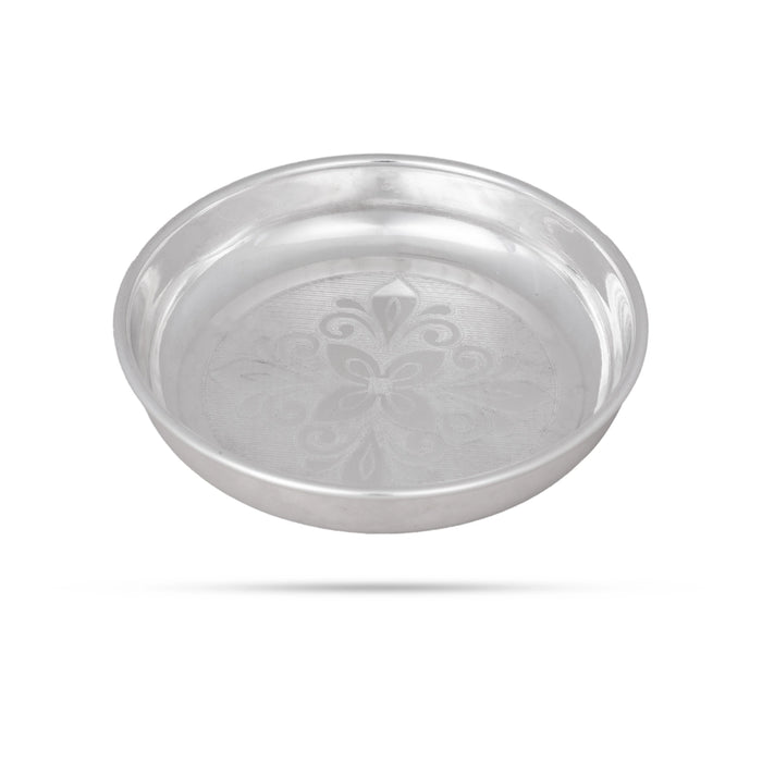 German Silver Plate - 0.5 x 4 Inches | Engraved Flower Design Pooja Thali Plate/ Pooja Plate for Home Decor - Pooja Plate & Tray