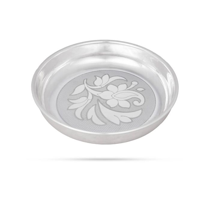 German Silver Plate - 1 x 5 Inches | Engraved Flower Design Pooja Thali Plate/ Pooja Plate for Home Decor - Pooja Plate & Tray