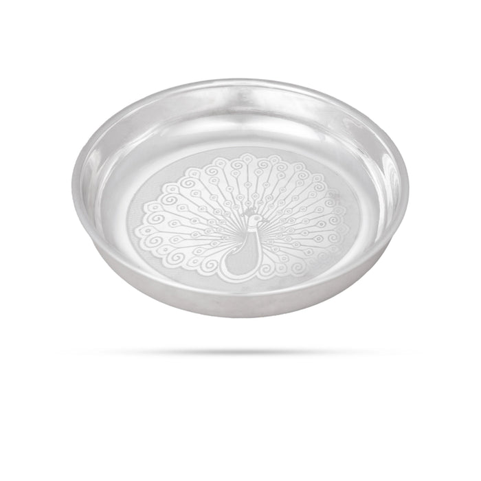 German Silver Plate - 1 x 7 Inches | Engraved Peacock Design Pooja Thali Plate/ Pooja Plate for Home Decor - Pooja Plate & Tray