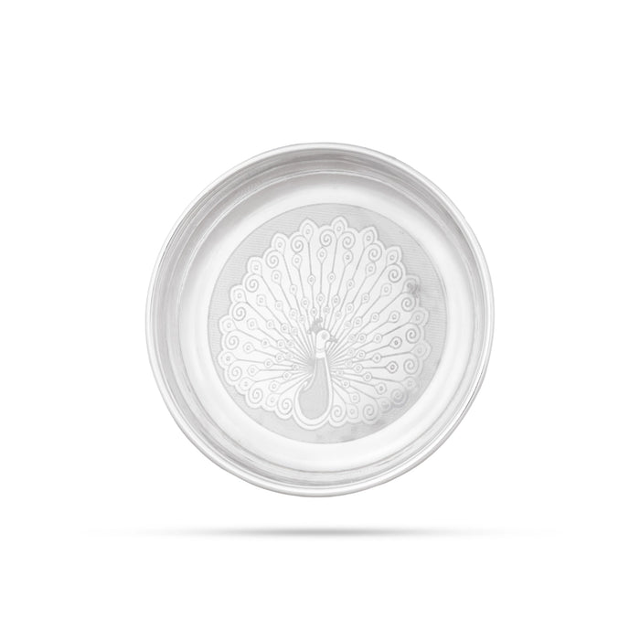 German Silver Plate - 1 x 7 Inches | Engraved Peacock Design Pooja Thali Plate/ Pooja Plate for Home Decor - Pooja Plate & Tray