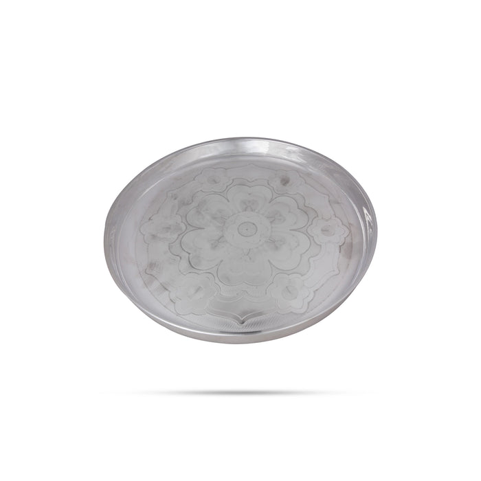 German Silver Plate - 1 x 9 Inches | Engraved Flower Design Pooja Thali Plate/ Pooja Plate for Home Decor - Pooja Plate & Tray