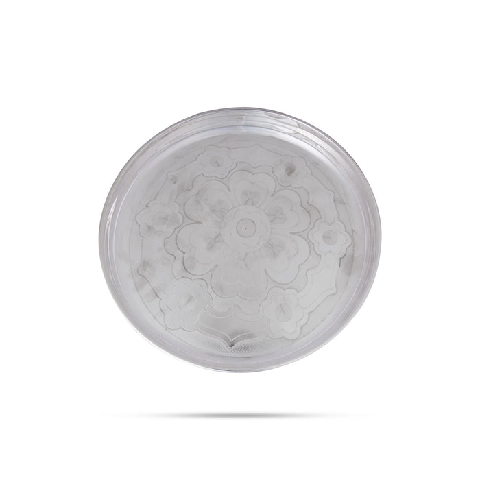 German Silver Plate - 1 x 9 Inches | Engraved Flower Design Pooja Thali Plate/ Pooja Plate for Home Decor - Pooja Plate & Tray