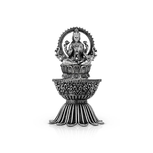 Lamp With Lakshmi Murti - 4.5 x 2.5 Inches | German Silver Vilakku With Base/ Antique Polish Deepam for Pooja - Deity Lamps