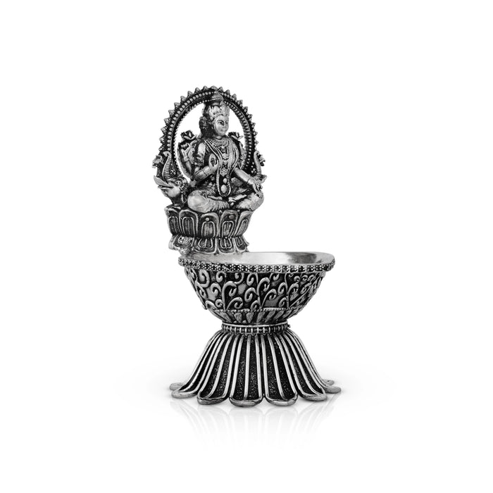 Lamp With Lakshmi Murti - 4.5 x 2.5 Inches | German Silver Vilakku With Base/ Antique Polish Deepam for Pooja - Deity Lamps