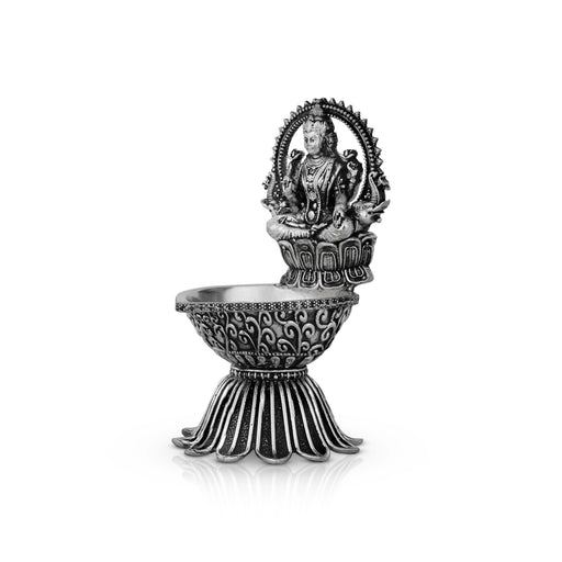 Lamp With Lakshmi Murti - 4.5 x 2.5 Inches | German Silver Vilakku With Base/ Antique Polish Deepam for Pooja - Deity Lamps