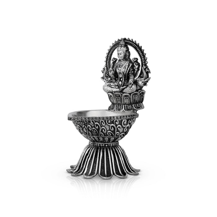 Lamp With Lakshmi Murti - 4.5 x 2.5 Inches | German Silver Vilakku With Base/ Antique Polish Deepam for Pooja - Deity Lamps