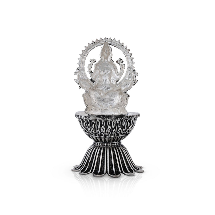 Lamp With Lakshmi Murti - 4.5 x 2.5 Inches | German Silver Vilakku With Base/ Antique Polish Deepam for Pooja - Deity Lamps