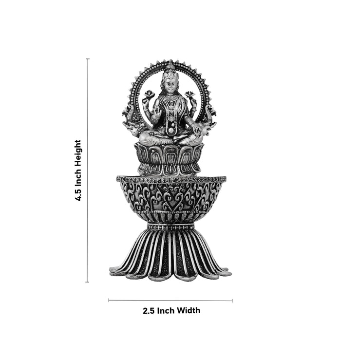 Lamp With Lakshmi Murti - 4.5 x 2.5 Inches | German Silver Vilakku With Base/ Antique Polish Deepam for Pooja - Deity Lamps