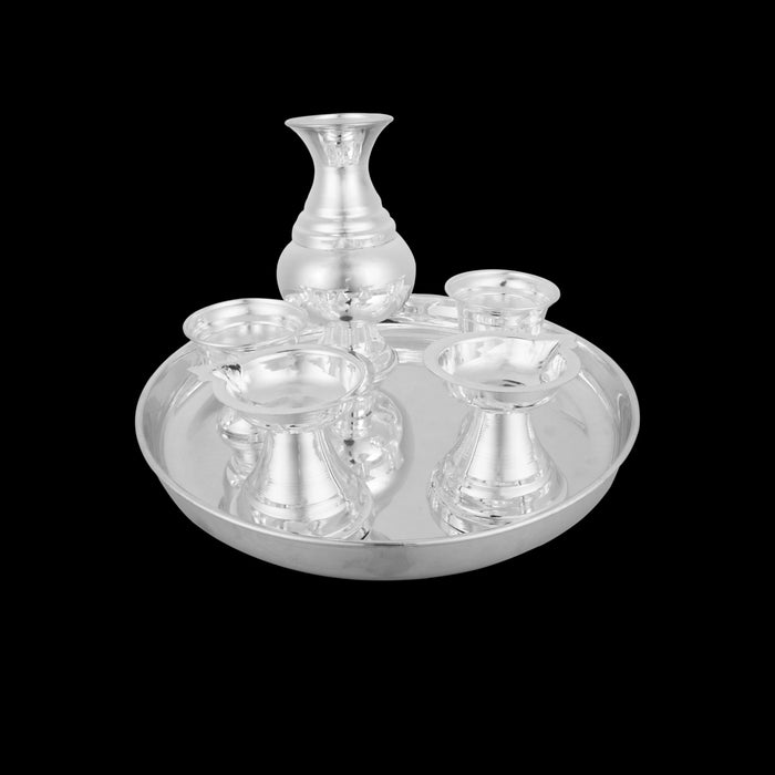 Pooja Thali Set | German Silver Thali Set/ 6 Pcs/ Puja Thali Set for Home & Temple - Pooja Thali Sets