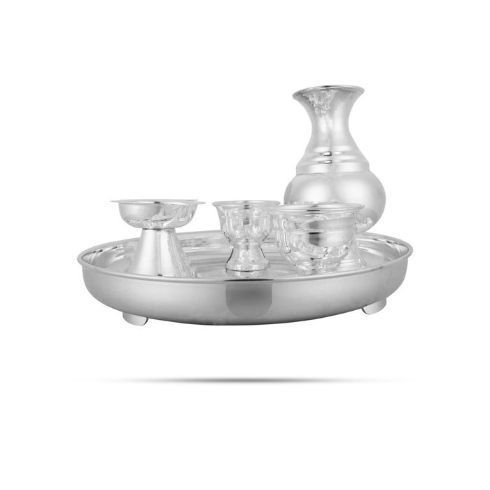 Pooja Thali Set | 6 Pcs/ German Silver Thali Set/ Puja Thali Set for Home & Temple - Pooja Thali Sets