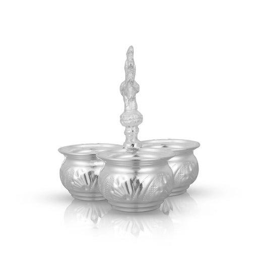 German Silver 3 Chandan Cup With Annam Design Handle - 5.25 x 5 Inches | Pooja Bowl for Home & Pooja Decor - Bowls