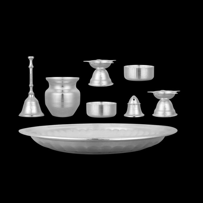 Pooja Thali Set | 8 Pcs/ German Silver Thali Set/ Puja Thali Set for Home & Temple - Pooja Thali Sets