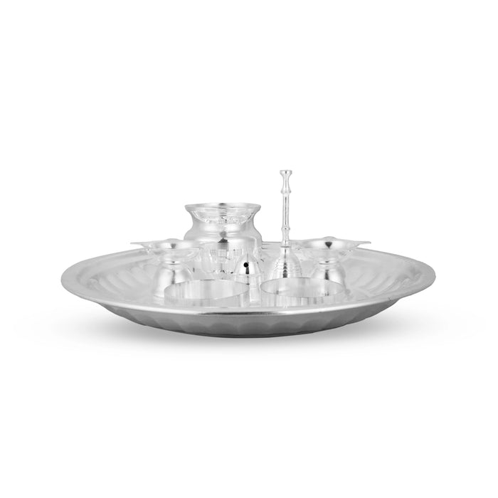 Pooja Thali Set | 8 Pcs/ German Silver Thali Set/ Puja Thali Set for Home & Temple - Pooja Thali Sets