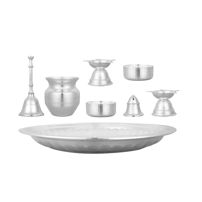 Pooja Thali Set | 8 Pcs/ German Silver Thali Set/ Puja Thali Set for Home & Temple - Pooja Thali Sets