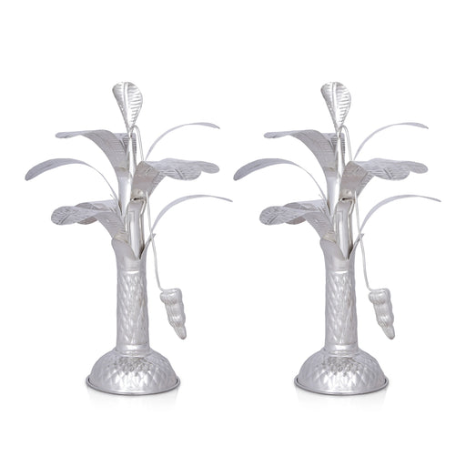 Banana Tree Pair - 14 x 4.5 Inches | German Silver Artificial Tree/ Decorative Tree for Table Top & Pooja - Table Stand Accessories