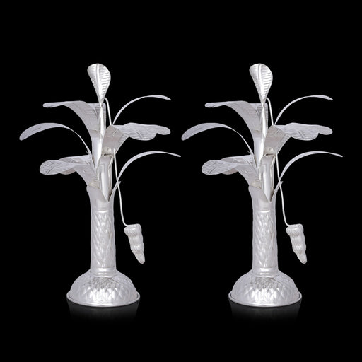 Banana Tree Pair - 14 x 4.5 Inches | German Silver Artificial Tree/ Decorative Tree for Table Top & Pooja - Table Stand Accessories